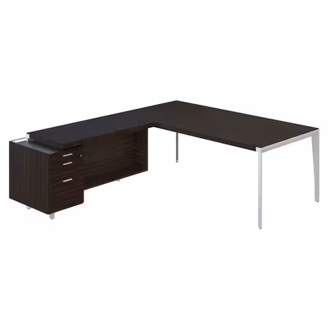 Bureau droit placage bois X-Time Wood - l. 201 x p. 101 cm + retour sur caisson 1 tiroir plat + 1 dossier suspendu