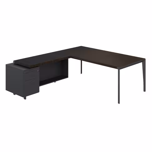 Bureau droit placage bois X-Time Wood - l. 201 x p. 101 cm + retour sur caisson laqué 1 tiroir plat + 1 dossier suspendu