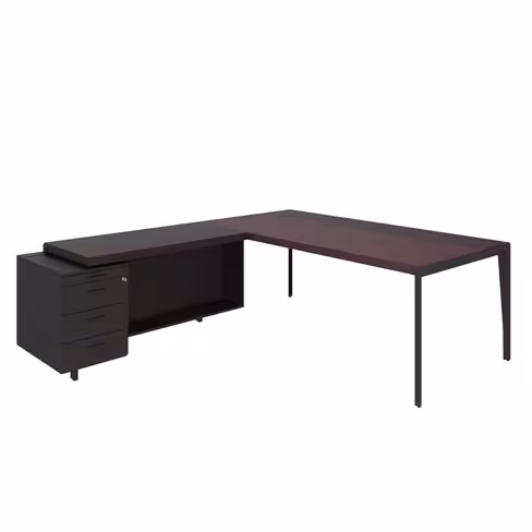 Bureau droit placage bois X-Time Wood - l. 161 x p. 101 cm + retour sur caisson laqué 3 tiroirs - sous-main cuir intégré