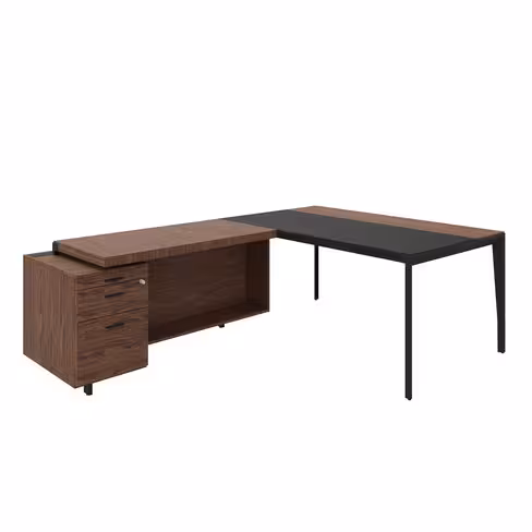 Bureau droit placage bois X-Time Wood - l. 161 x p. 101 cm + retour s/caisson + 1 tiroir plat + 1 DS - sous-main cuir