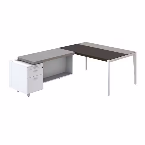 Bureau droit placage bois X-Time Wood - l. 161 x p. 101 cm + retour s/caisson laqué 1 tiroir plat - 1 DS + sous-main cuir