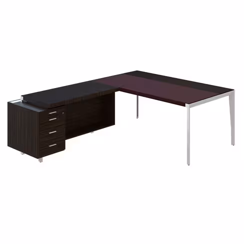 Bureau droit placage bois X-Time Wood - l. 181 x p. 101 cm + retour sur caisson 3 tiroirs plats - sous-main cuir intégré