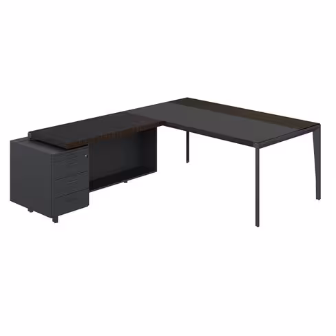 Bureau droit placage bois X-Time Wood - l. 181 x p. 101 cm + retour sur caisson laqué 3 tiroirs - sous-main cuir intégré