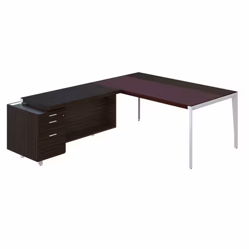 Bureau droit placage bois X-Time Wood - l. 181 x p. 101 cm+ retour s/caisson 1 tiroir plat + 1 DS - sous-main cuir