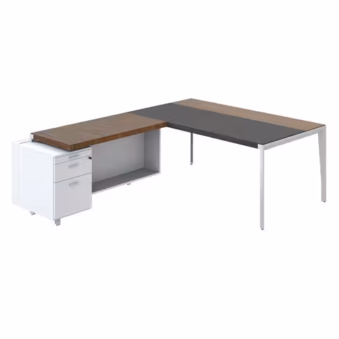 Bureau droit placage bois X-Time Wood - l. 181 x p. 101 cm + retour s/caisson laqué 1 tiroir + 1 DS - sous-main cuir