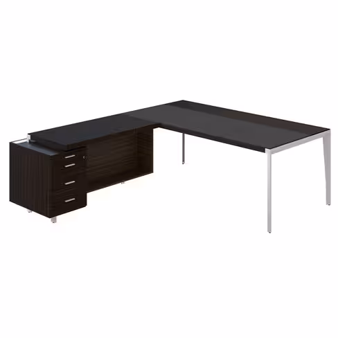Bureau droit placage bois X-Time Wood - l. 201 x p. 101 cm + retour sur caisson 3 tiroirs plats - sous-main cuir intégré