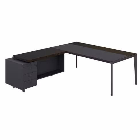 Bureau droit placage bois X-Time Wood - l. 201 x p. 101 cm + retour sur caisson laqué 3 tiroirs - sous-main cuir intégré