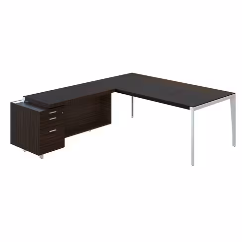 Bureau droit placage bois X-Time Wood - l. 201 x p. 101 cm + retour sur caisson 1 tiroir plat + 1 DS - sous-main cuir
