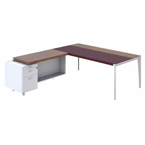 Bureau droit placage bois X-Time Wood - l. 201 x p. 101 cm + retour s/ caisson laqué 1 tiroir + 1 DS - sous-main cuir
