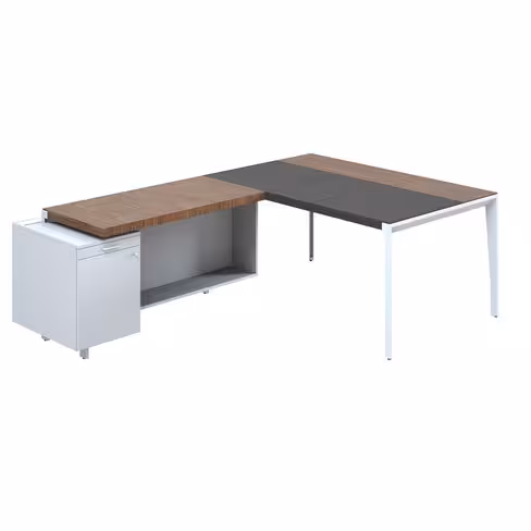 Bureau droit placage bois X-Time Wood - l. 161 x p. 101 cm + meuble de rangement laqué - sous-main cuir intégré