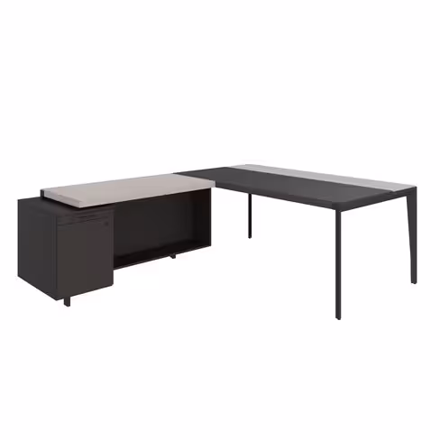 Bureau droit placage bois X-Time Wood - l. 181 x p. 101 cm + meuble de rangement laqué - sous-main cuir intégré