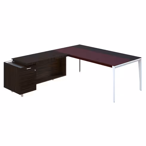 Bureau droit placage bois X-Time Wood - l. 201 x p. 101 cm + meuble de rangement sous-main cuir intégré