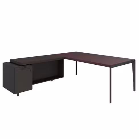 Bureau droit placage bois X-Time Wood - l. 201 x p. 101 cm + meuble de rangement laqué - sous-main cuir intégré