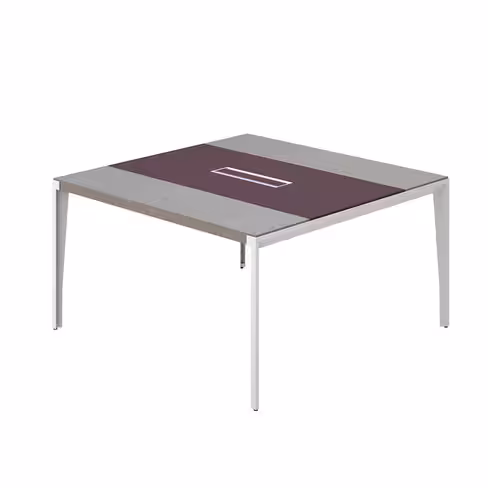Table de réunion 4 places X-Time Wood - l. 141 x pr. 141 cm piétement métal - plateau placage bois insert cuir intégré