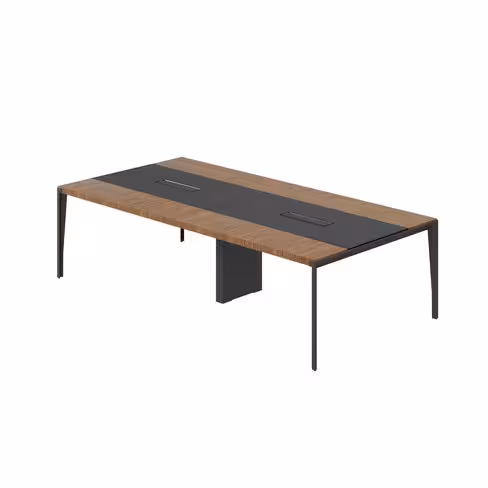 Table de réunion 8/10 places X-Time Wood - l.281 x pr.141 cm piétement métal - plateau placage bois insert cuir intégré