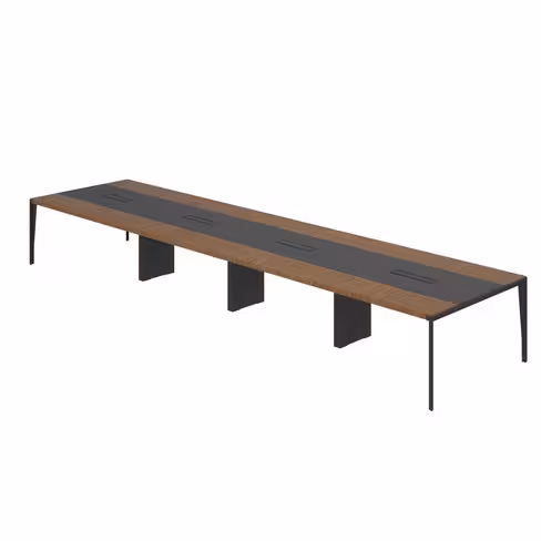 Table de réunion 16/18 places X-Time Wood - l. 561 x pr. 141 cm piét. métal - plateau placage bois insert cuir intégré