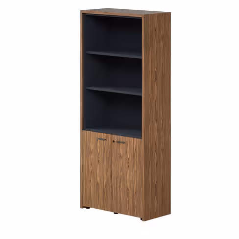 Bibliothèque placage bois X-Time Wood - h. 217 x l. 92 cm - haut ouvert 2 tablettes et bas portes battantes 1 tablette