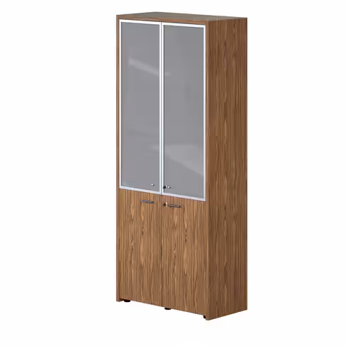 Bibliothèque placage bois X-Time Wood - h. 217 x l. 92 cm - haut vitrée 2 tablettes et bas portes battantes 1 tablette