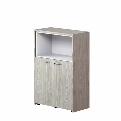 Bibliothèque placage bois X-Time Wood - h. 134 x l. 92 cm - haut ouvert et bas portes battantes - 1 tablette