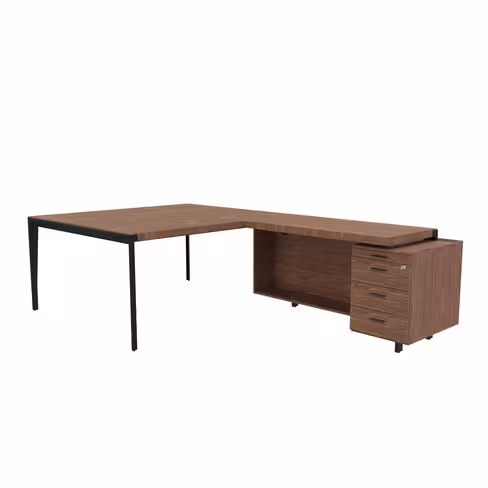 Bureau droit placage bois X-Time Wood - l. 141 x p. 141 cm + retour sur caisson 3 tiroirs plats