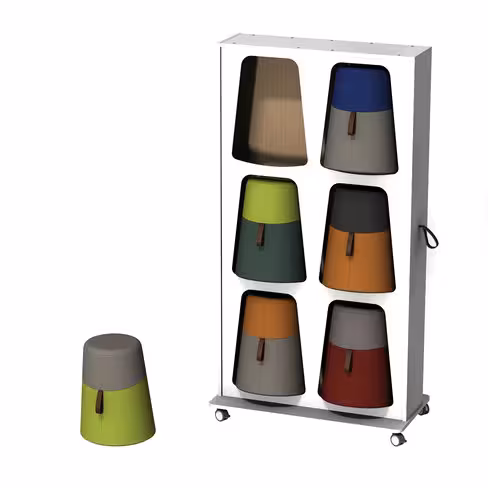 Mur de rangement avec 6 poufs oscillants Kulbu - pouf polyéthylène avec tout tapissé tissu X