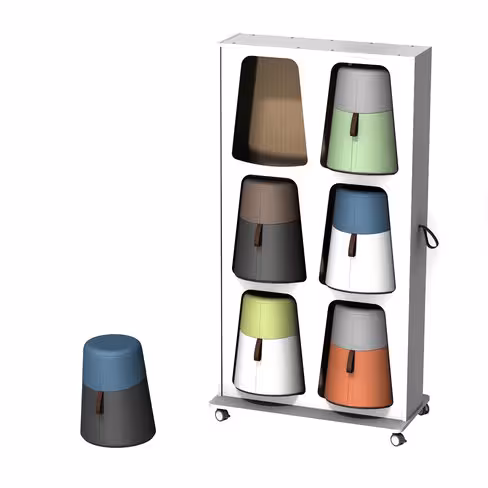 Mur de rangements avec 6 poufs oscillants Kulbu - pouf polyéthylène avec assise tapissée textile enduit grainé