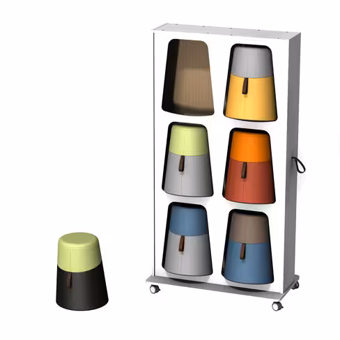 Mur de rangements avec 6 poufs oscillants Kulbu - pouf polyéthylène tout tapissé textile enduit grainé