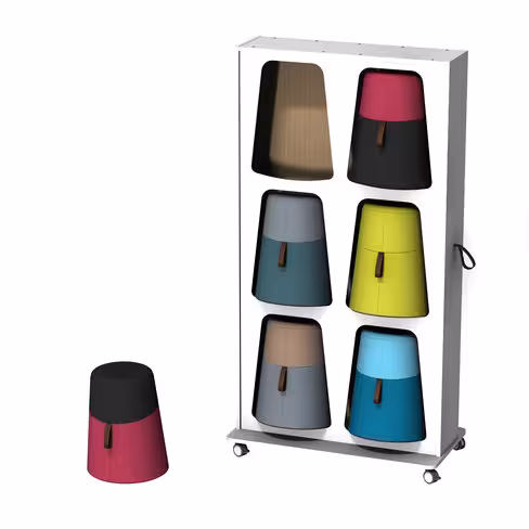 Mur de rangements avec 6 poufs oscillants Kulbu - pouf polyéthylène avec assise tapissée textile enduit lisse