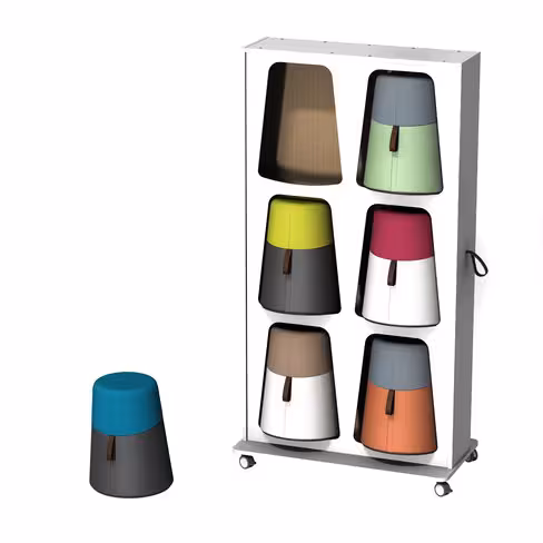 Mur de rangements avec 6 poufs oscillants Kulbu - pouf polyéthylène avec tout tapissé textile enduit lisse