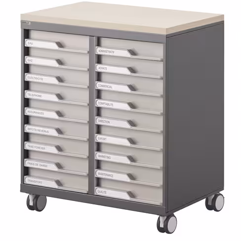Module 2 colonnes sur roulettes - équipé de 18 tiroirs e-clen h. 6 cm