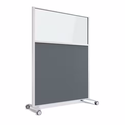 Cloison droite KP - l. 122 x h. 160 cm - partie basse tissu acoustique et partie haute vitrée - 2 pieds sur roulettes