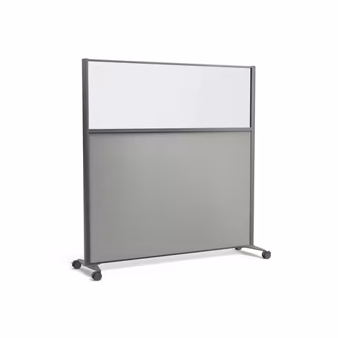 Cloison droite KP - l. 163 x h. 160 cm - partie basse tissu acoustique et partie haute vitrée - 2 pieds sur roulettes