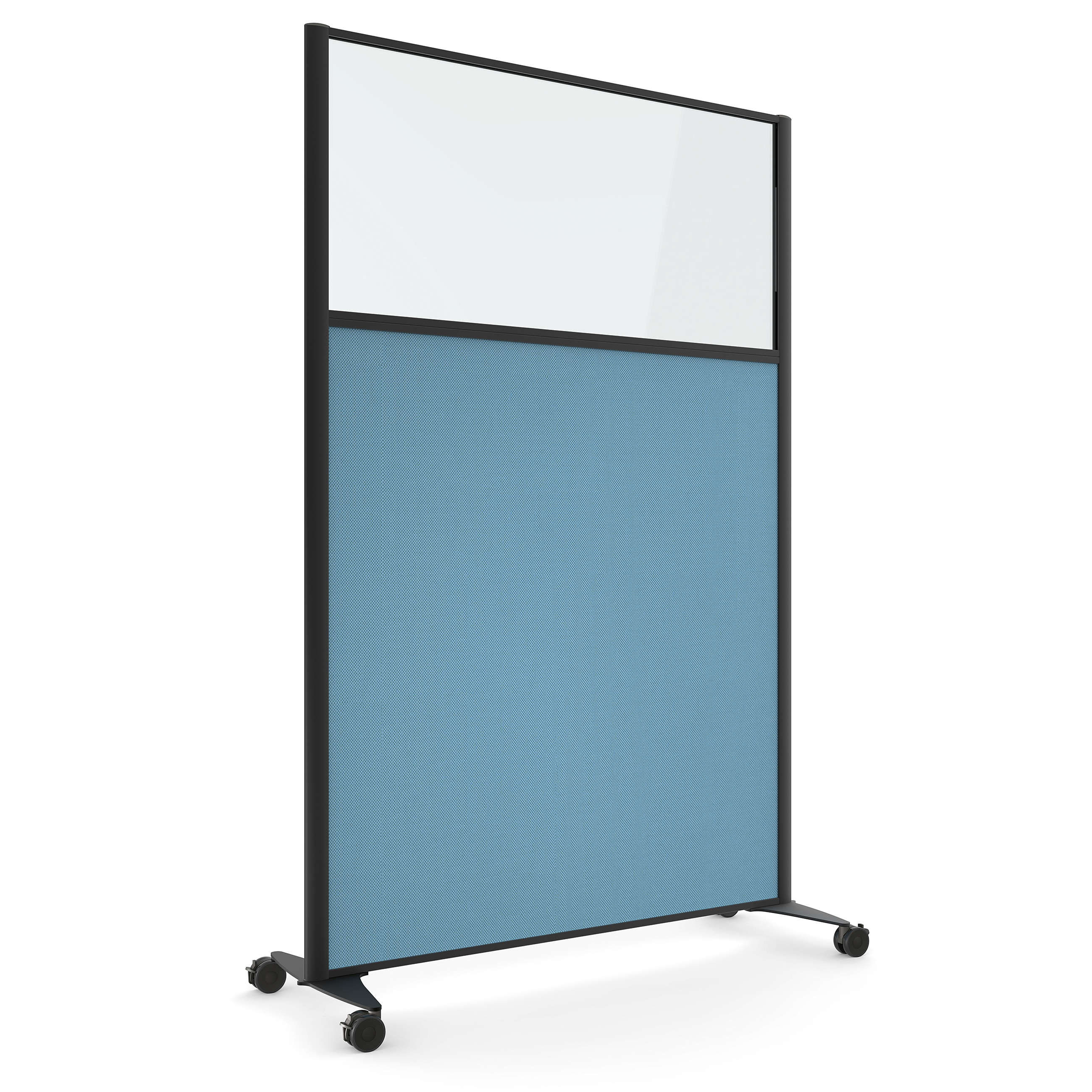 Cloison droite KP - l. 122 x h. 180 cm - partie basse tissu acoustique et partie haute vitrée - 2 pieds sur roulettes