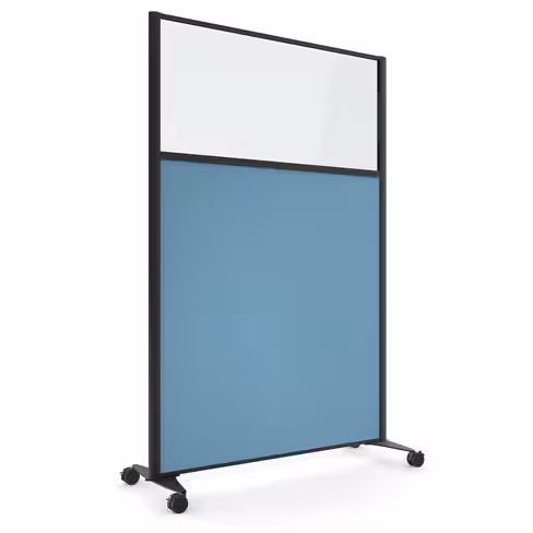 Cloison droite KP - l. 122 x h. 180 cm - partie basse tissu acoustique et partie haute vitrée - 2 pieds sur roulettes