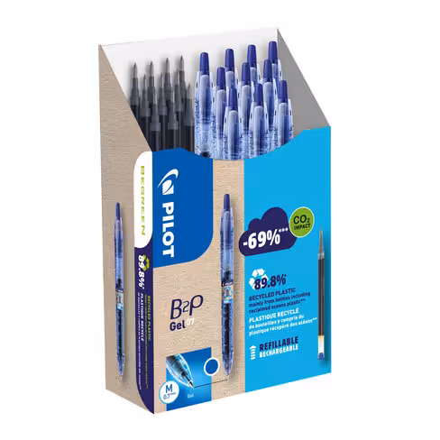 Roller encre gel Pilot B2p Ballgrip Begreen - rétractable - pointe 0,7 mm - bleu - par 10 avec 10 recharges