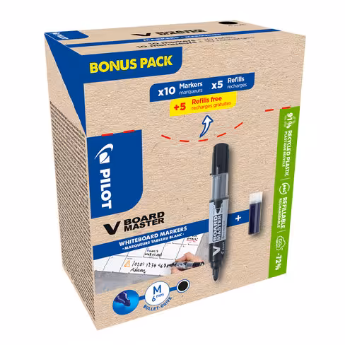 Marqueur pour tableaux blanc Pilot V-Board Master Begreen - rechargeable - noir - par 10 avec 10 recharges