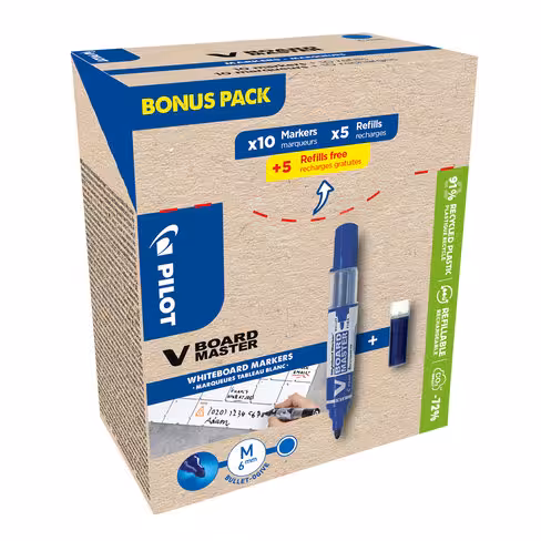 Marqueur pour tableaux blanc Pilot V-Board Master Begreen - rechargeable - bleu - par 10 avec 10 recharges
