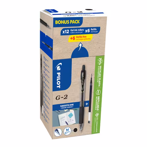 Roller encre gel Pilot G2 - rétractable et rechargeable - pointe 0,7 mm - noir - par 12 avec 12 recharges