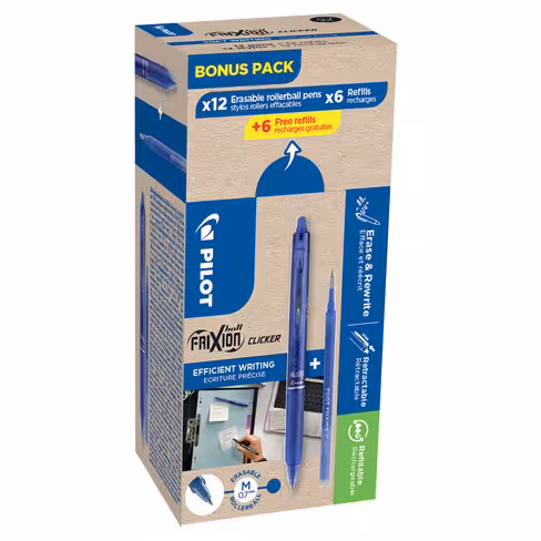 Roller encre effacable Pilot frixion clicker - rechargeable bleu - par 12 avec 12 recharges