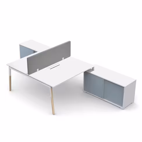 Ensemble 2 bureaux droits Nouvelle Vague top access -l 140 x pr 79,5 cm + meuble ptes coulissantes + écran - pieds bois