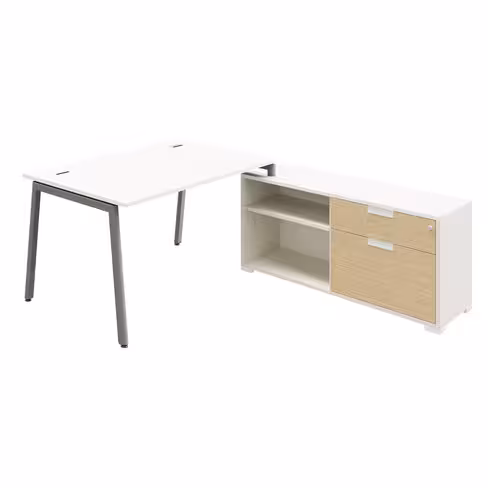 Bureau droit Nouvelle Vague - l. 140 x pr. 80 cm + meuble 1 tiroir plat + 1 DS + 2 niches - pieds métal