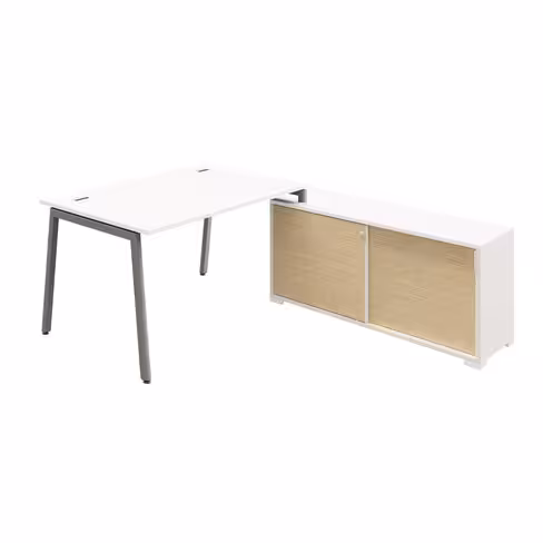 Bureau droit Nouvelle Vague - l. 140 x pr. 80 cm + meuble portes coulissantes - pieds métal