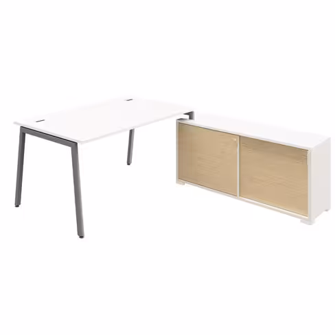 Bureau droit Nouvelle Vague - l. 160 x pr. 80 cm + meuble portes coulissantes - pieds métal