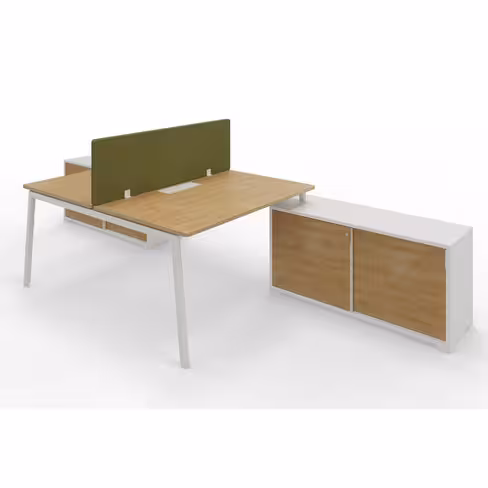 Ensemble 2 bureaux droits Nouvelle Vague top access -l 140 x pr 79,5 cm + meuble ptes coulissantes + écran -pieds métal