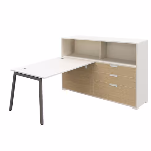 Bureau droit Nouvelle Vague - l. 140 x pr. 80 cm + meuble 2 tiroirs plats + 1 DS + 2 niches - pieds métal