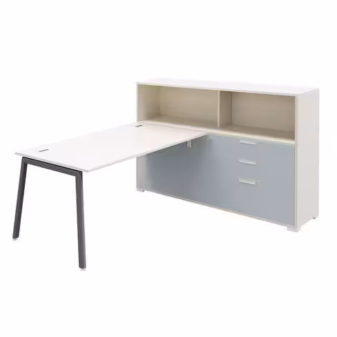 Bureau droit Nouvelle Vague - l. 160 x pr. 80 cm + meuble 2 tiroirs plats + 1 DS + 2 niches - pieds métal