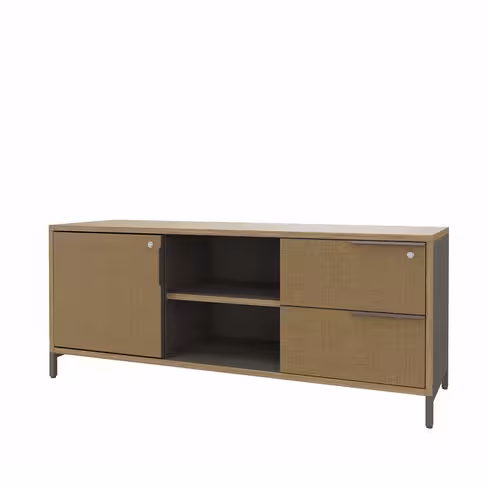 Armoire basse Nouvelle Vague + - h. 61 x l. 150 cm - 2 tiroirs + niches + 1 porte coulissante