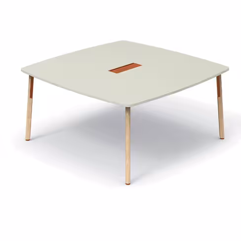 Table de réunion carrée bombée 6/8 places Nouvelle Vague l. 150 x pr. 150 cm - top access et goulotte - 4 pieds bois
