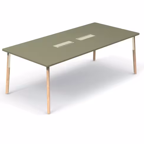 Table de réunion rectangulaire 8 places Nouvelle Vague - l. 210 x pr. 100 cm - top acces et goulotte - 4 pieds bois