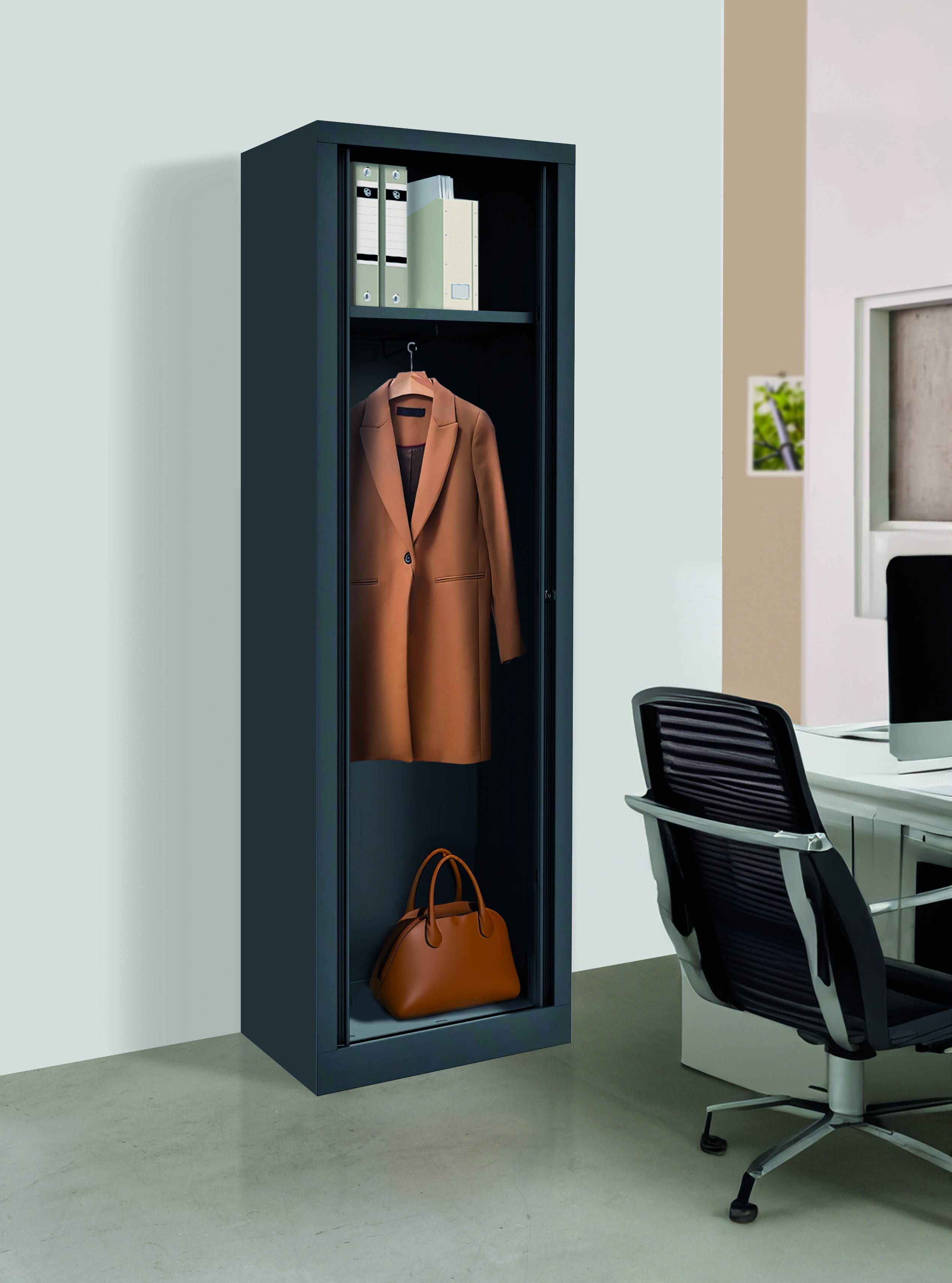 Vestiaire métallique Etic - h. 198 x l. 60 cm - décor bois - fermeture rideaux - 1 serrure - 1 tablette noire
